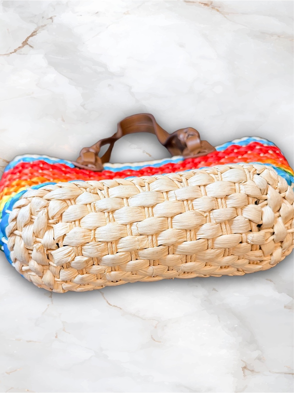 Rainbow Raw Woven Straw Tote Basket with Leather Handles - Picture 5 of 8